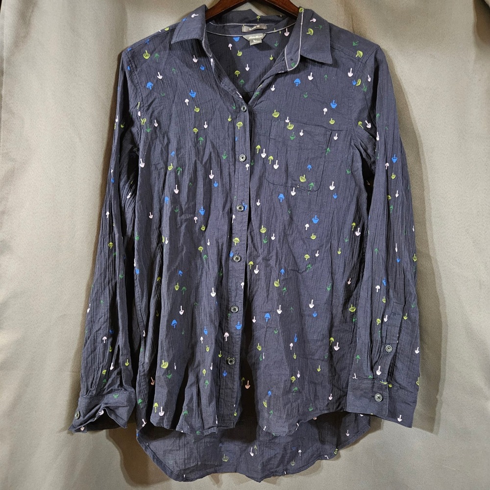 Eddie Bauer Womens TM Mushroom‎ Print Cotton Gauze Button Down Shirt Navy Blue